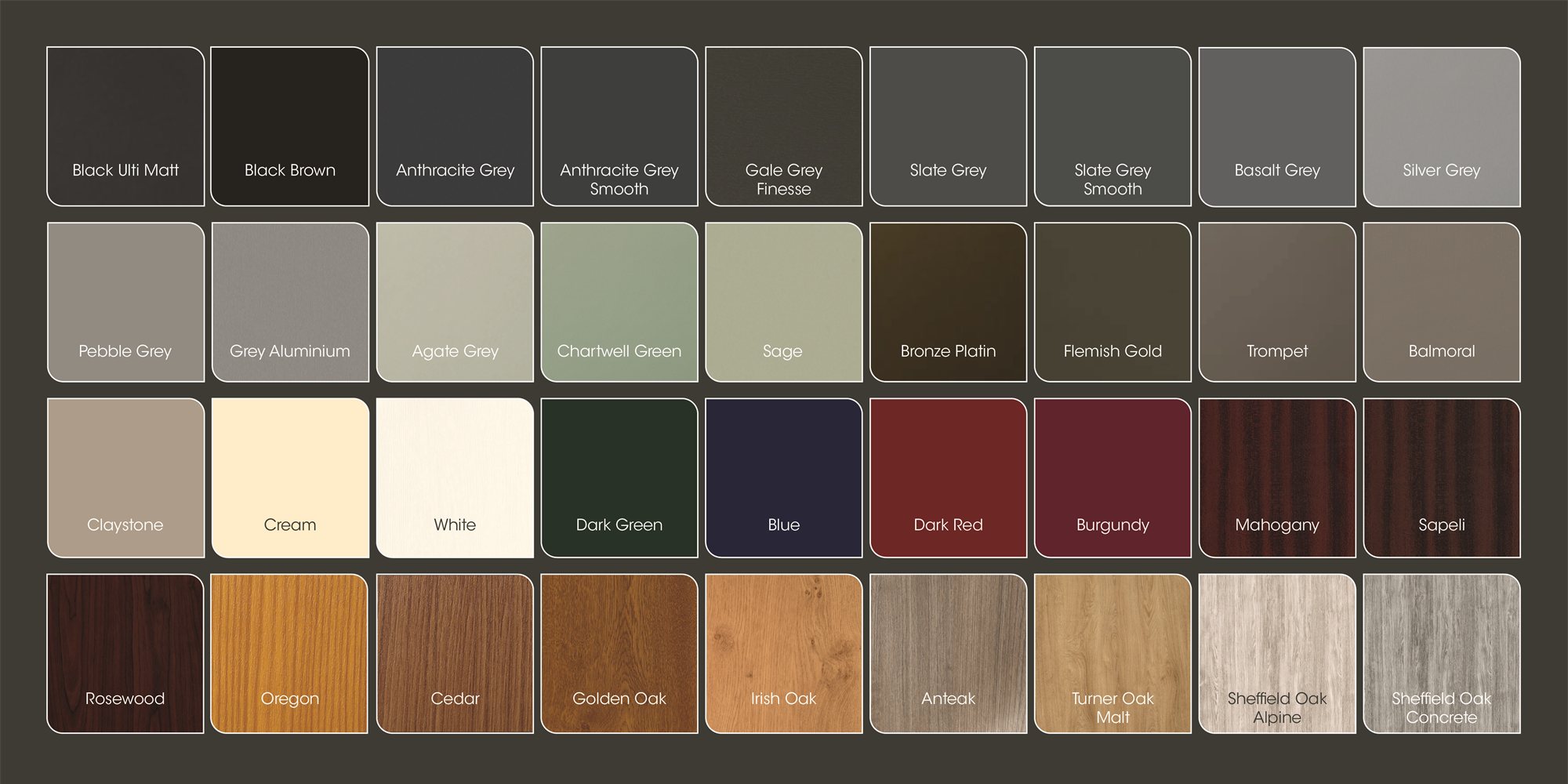 Liniar foil colour and woodgrain finish chart