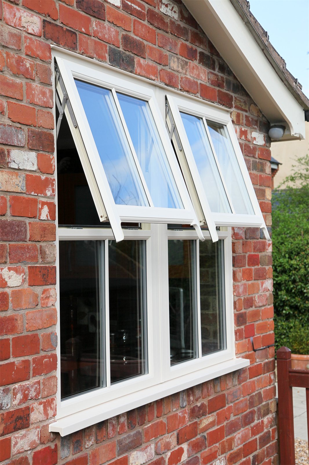 White flush sash windows with mock sash horns, opened (product photo)