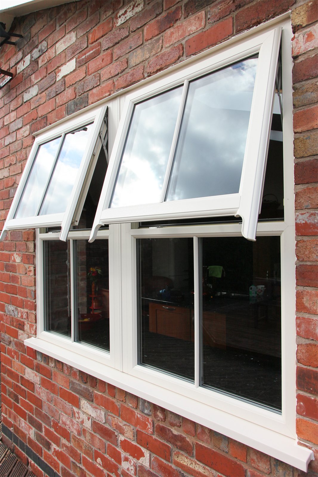 Mock sash horns on white flush sash windows (product photo)