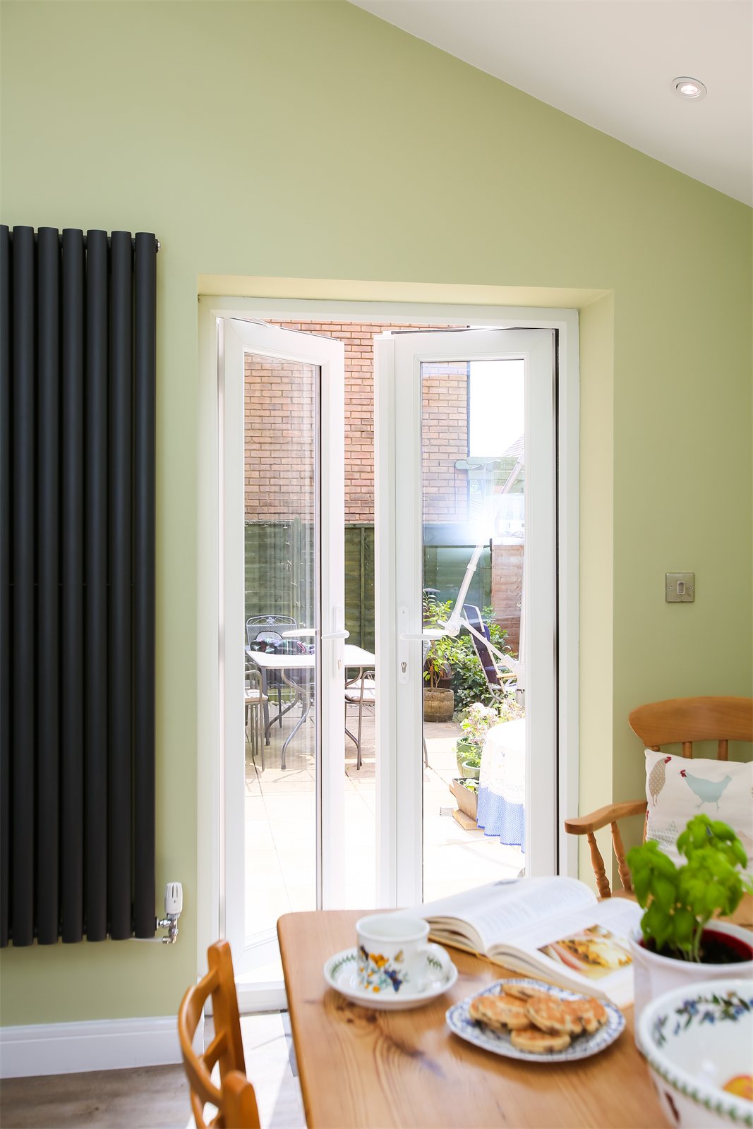 White uPVC French doors in a kitchen (product photo)