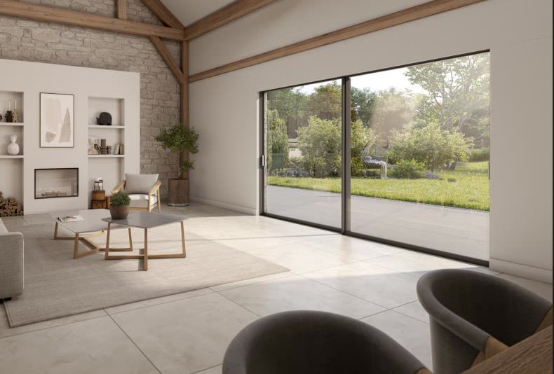 Large aluminium sliding doors in a living room (product photo)