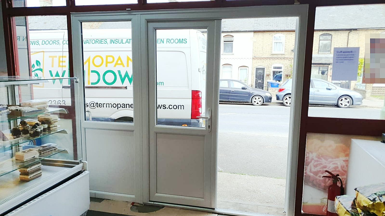 Shop entrance doors seen from inside, Milton Keynes, fitted by Termopane Windows