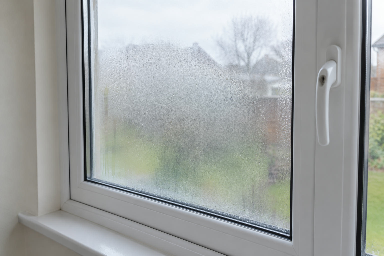 Illustration of a misted double glazing unit with condensation between the panes, next to a clear pane in a white uPVC window